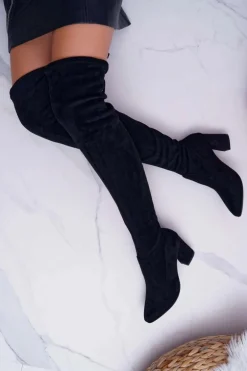 Kozaki Damskie Na Słupku Zamszowe Czarne Bernet