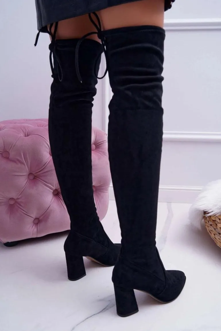 Kozaki Damskie Na Słupku Zamszowe Czarne Bernet