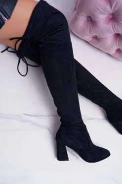 Kozaki Damskie Na Słupku Zamszowe Czarne Bernet