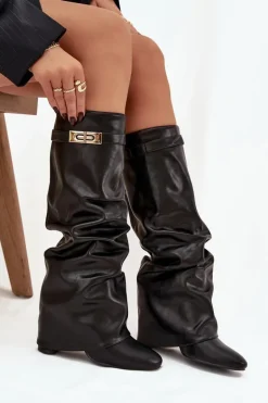 Kozaki Damskie Na Słupku Z Marszczoną Wywiniętą Cholewką Czarne Glorine