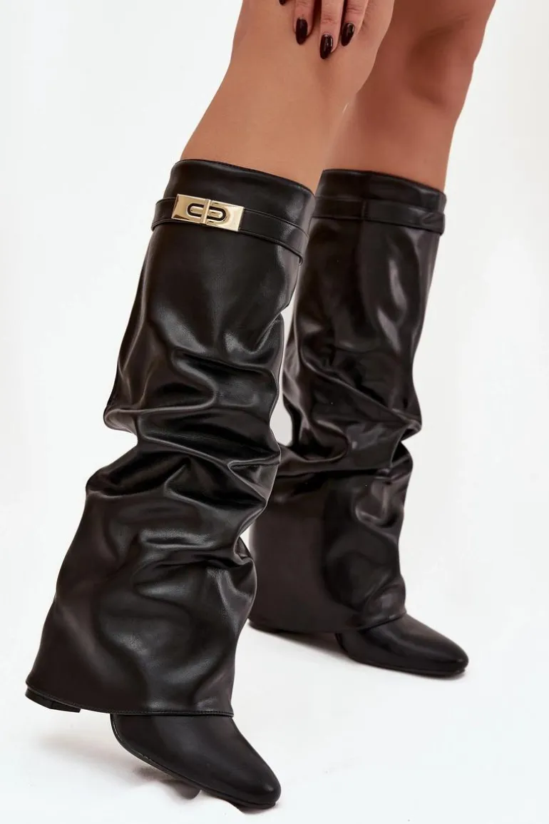 Kozaki Damskie Na Słupku Z Marszczoną Wywiniętą Cholewką Czarne Glorine