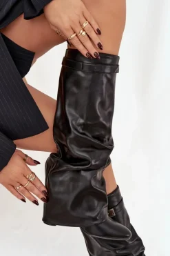 Kozaki Damskie Na Słupku Z Marszczoną Wywiniętą Cholewką Czarne Glorine