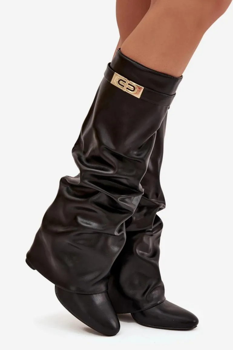 Kozaki Damskie Na Słupku Z Marszczoną Wywiniętą Cholewką Czarne Glorine