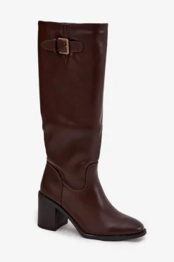 Kozaki Damskie Na Słupku Z Klamrą Czekoladowe Brenira