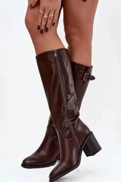 Kozaki Damskie Na Słupku Z Klamrą Czekoladowe Brenira