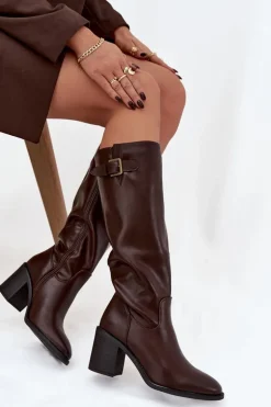 Kozaki Damskie Na Słupku Z Klamrą Czekoladowe Brenira