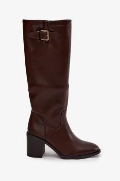 Kozaki Damskie Na Słupku Z Klamrą Czekoladowe Brenira