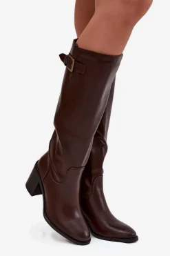 Kozaki Damskie Na Słupku Z Klamrą Czekoladowe Brenira