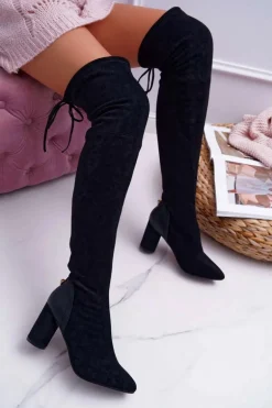 Kozaki Damskie Na Słupku Zamszowe Czarne Selfie