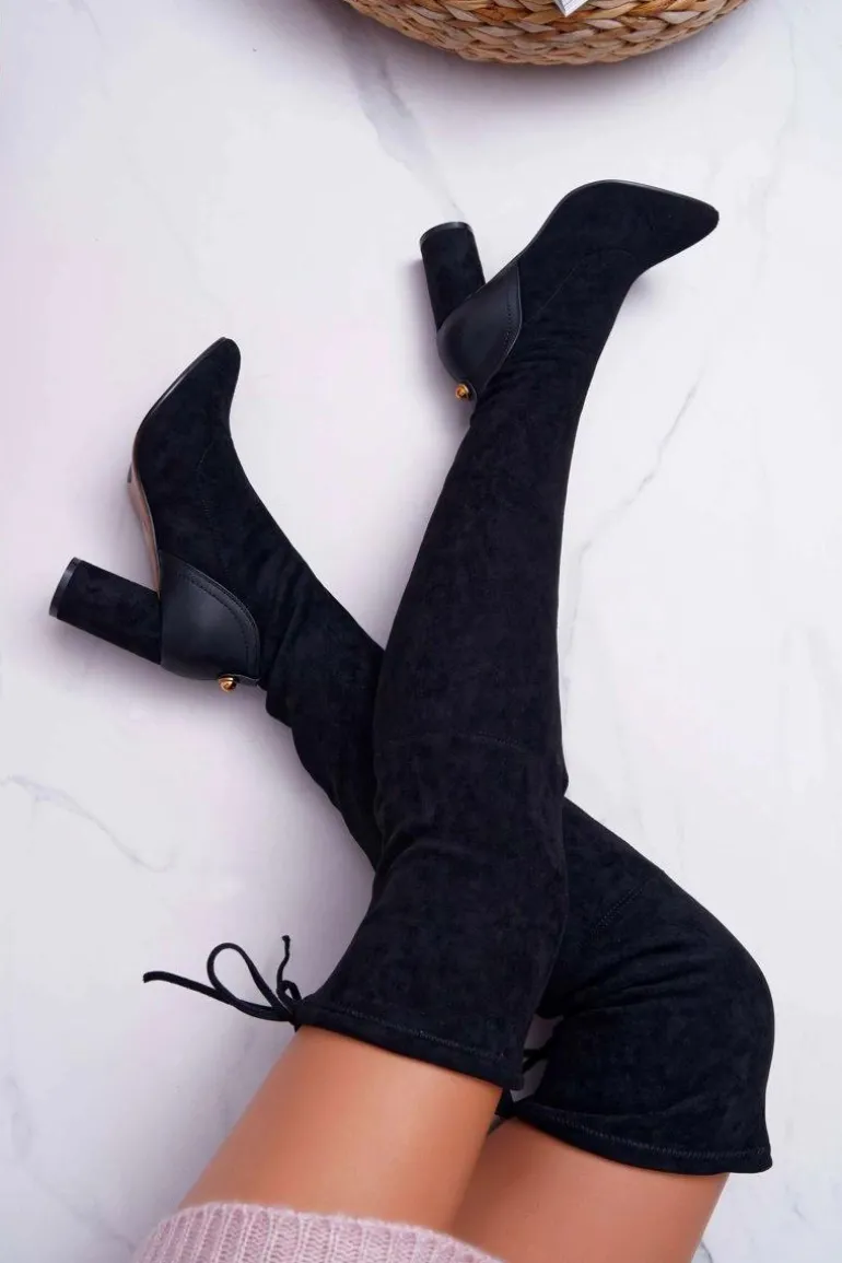 Kozaki Damskie Na Słupku Zamszowe Czarne Selfie