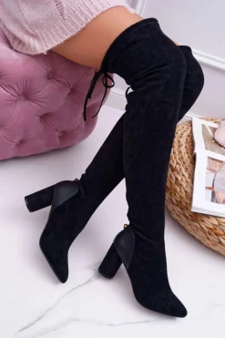 Kozaki Damskie Na Słupku Zamszowe Czarne Selfie