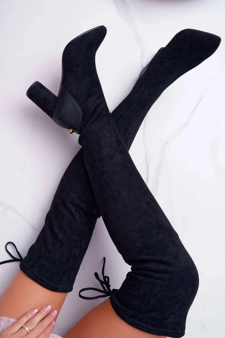 Kozaki Damskie Na Słupku Zamszowe Czarne Selfie