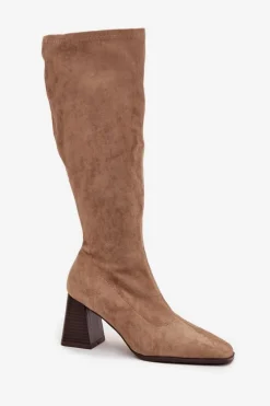 Kozaki Damskie Na Słupku Z Przeszyciami Beżowe Celandine