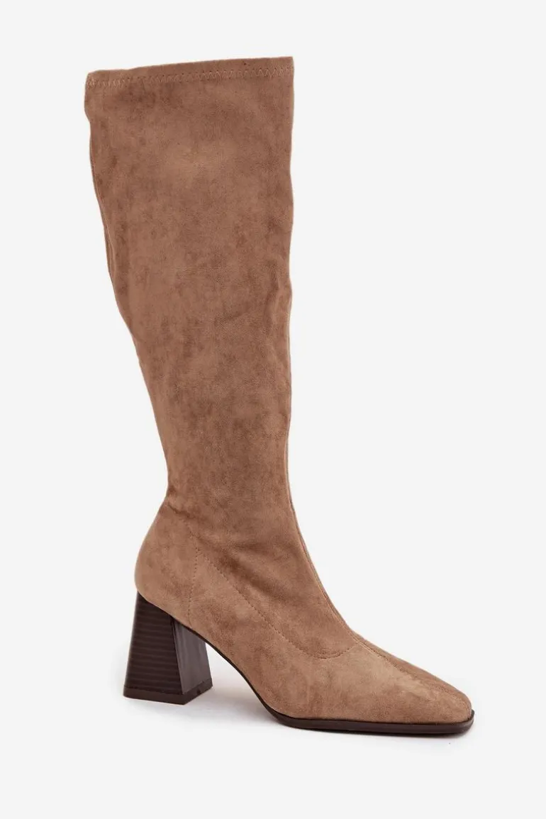 Kozaki Damskie Na Słupku Z Przeszyciami Beżowe Celandine