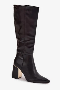 Kozaki Damskie Na Słupku Ze Złotym Elementem Czarne Alessine