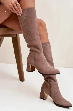 Kozaki Damskie Na Słupku Ze Złotym Elementem Beżowe Nivarae