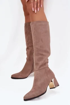 Kozaki Damskie Na Słupku Ze Złotym Elementem Beżowe Nivarae