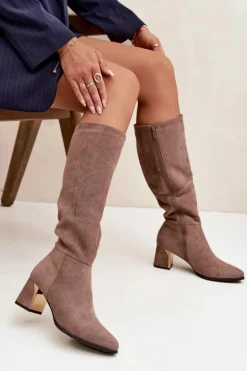 Kozaki Damskie Na Słupku Ze Złotym Elementem Beżowe Nivarae