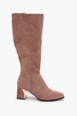 Kozaki Damskie Na Słupku Ze Złotym Elementem Beżowe Nivarae