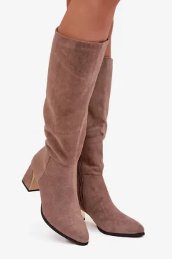 Kozaki Damskie Na Słupku Ze Złotym Elementem Beżowe Nivarae