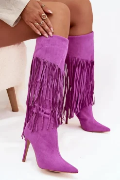 Kozaki Damskie Na Szpilce Z Frędzlami Fioletowe Isalune