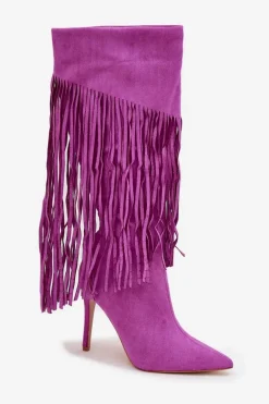 Kozaki Damskie Na Szpilce Z Frędzlami Fioletowe Isalune
