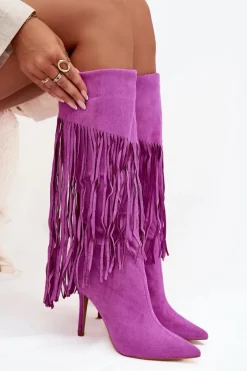 Kozaki Damskie Na Szpilce Z Frędzlami Fioletowe Isalune