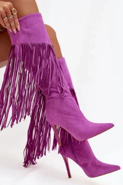 Kozaki Damskie Na Szpilce Z Frędzlami Fioletowe Isalune