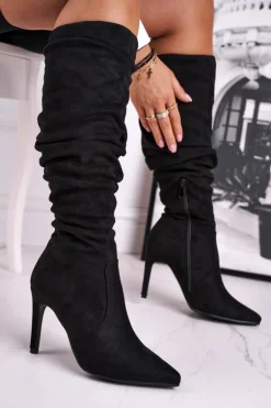 Kozaki Damskie Na Szpilce Zamszowe Czarne Dynamic