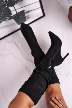 Kozaki Damskie Na Szpilce Zamszowe Czarne Dynamic