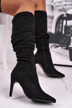 Kozaki Damskie Na Szpilce Zamszowe Czarne Dynamic