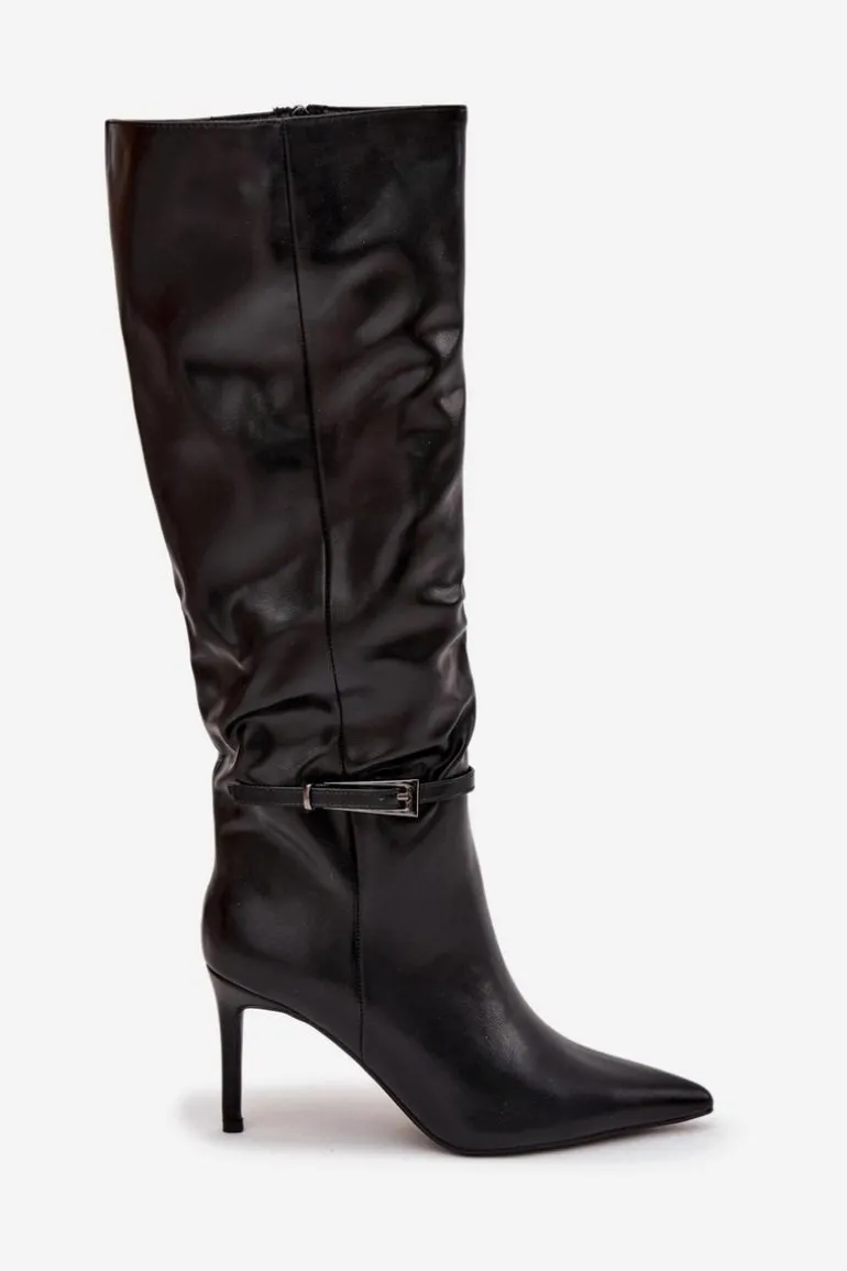 Kozaki Damskie Na Szpilce Z Paskiem Czarne Lisanne