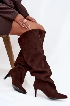 Kozaki Damskie Na Szpilce Wsuwane Czekoladowe Mavilla