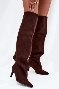 Kozaki Damskie Na Szpilce Wsuwane Czekoladowe Mavilla