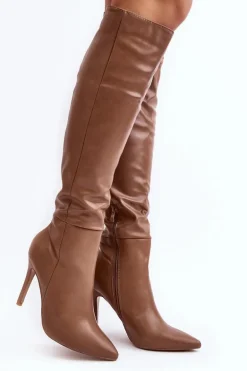 Kozaki Damskie Na Szpilce Ciemnobeżowe Sirenpha