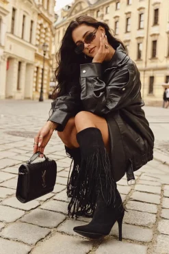 Kozaki Damskie Na Szpilce Z Frędzlami Czarne Isalune