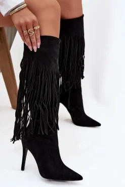 Kozaki Damskie Na Szpilce Z Frędzlami Czarne Isalune