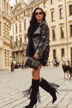 Kozaki Damskie Na Szpilce Z Frędzlami Czarne Isalune