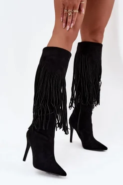 Kozaki Damskie Na Szpilce Z Frędzlami Czarne Isalune