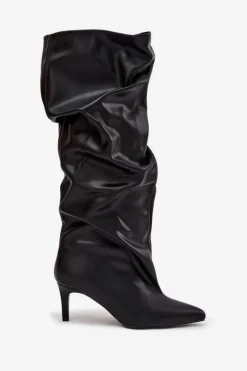 Kozaki Damskie Na Szpilce Wsuwane Z Marszczeniem Czarne Rosivine