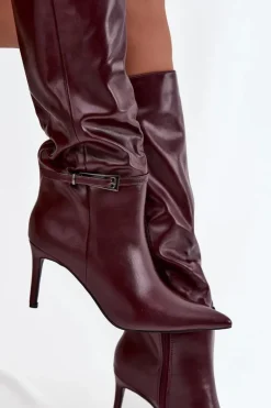 Kozaki Damskie Na Szpilce Z Paskiem Bordowe Lisanne