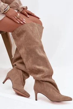 Kozaki Damskie Na Szpilce Wsuwane Beżowe Mavilla