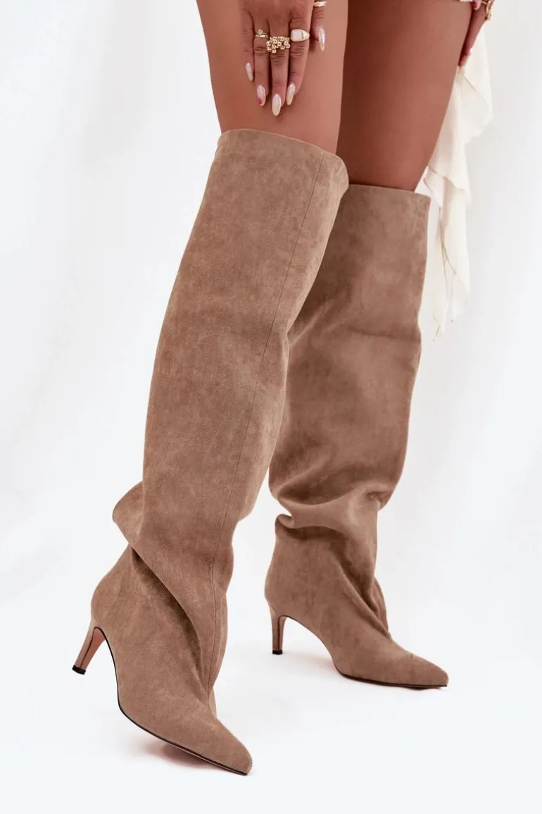 Kozaki Damskie Na Szpilce Wsuwane Beżowe Mavilla