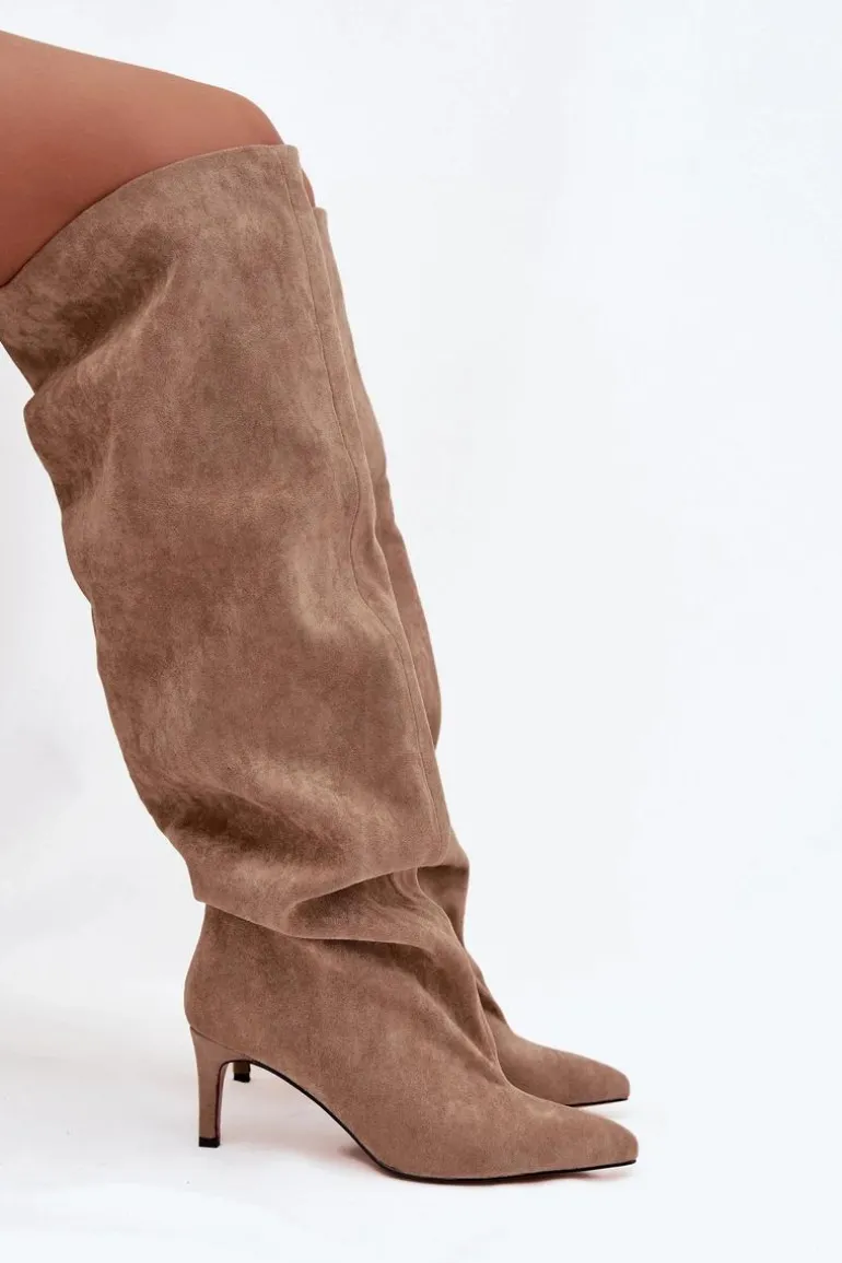 Kozaki Damskie Na Szpilce Wsuwane Beżowe Mavilla