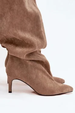 Kozaki Damskie Na Szpilce Wsuwane Beżowe Mavilla