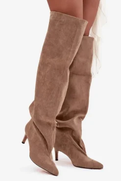 Kozaki Damskie Na Szpilce Wsuwane Beżowe Mavilla