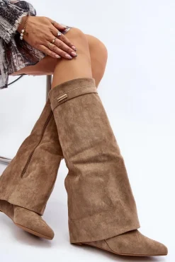 Kozaki Damskie Na Ukrytym Koturnie Beżowe Pattia