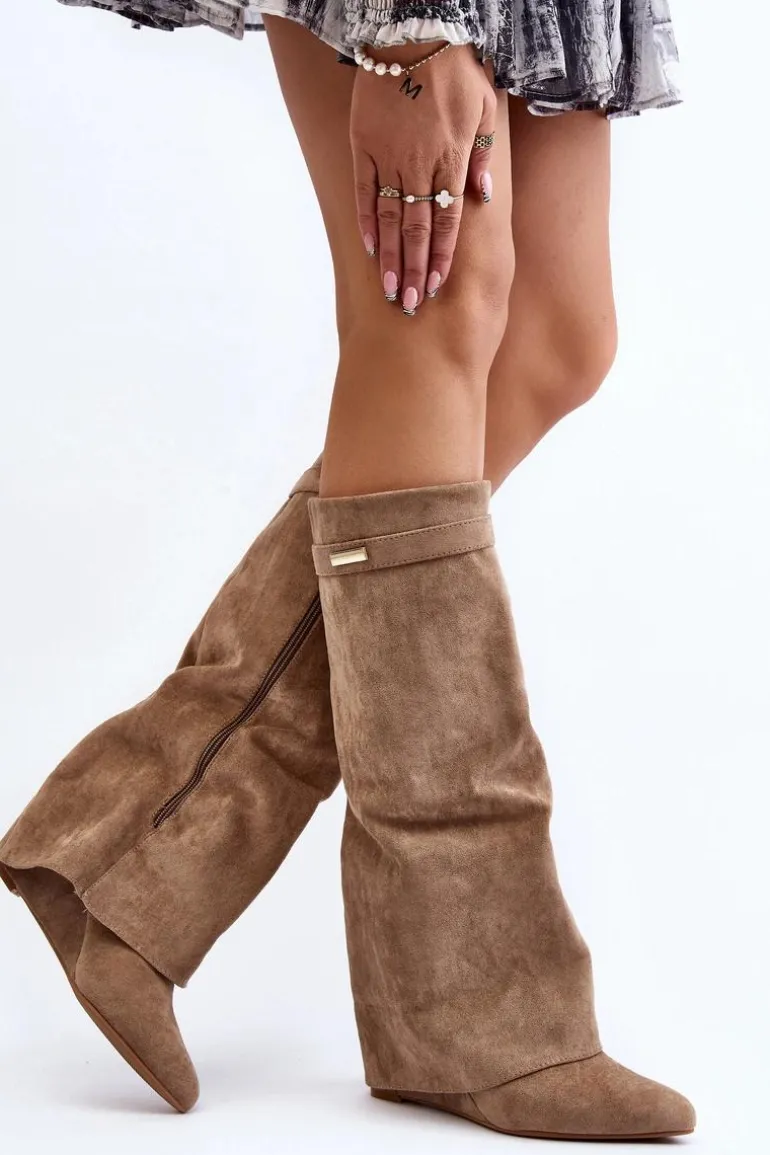 Kozaki Damskie Na Ukrytym Koturnie Beżowe Pattia