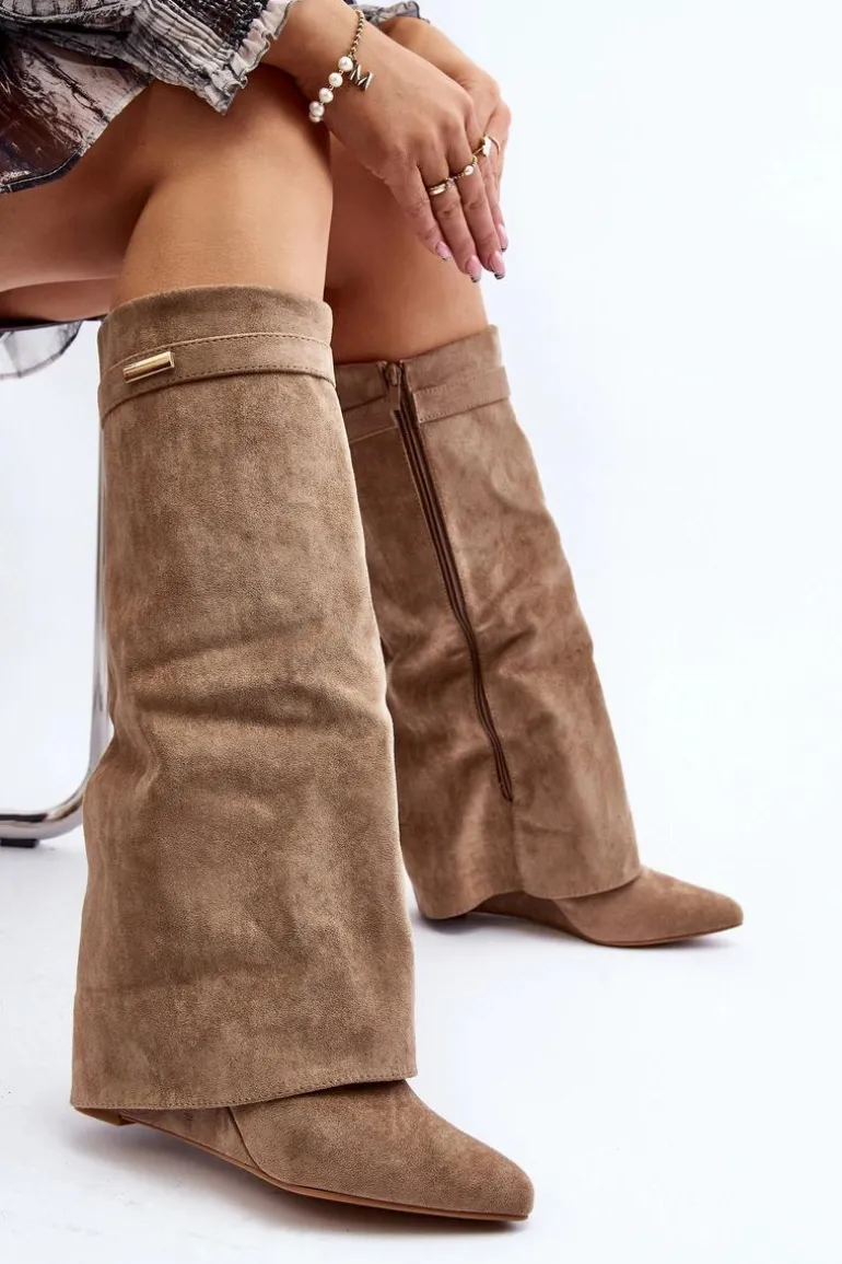 Kozaki Damskie Na Ukrytym Koturnie Beżowe Pattia