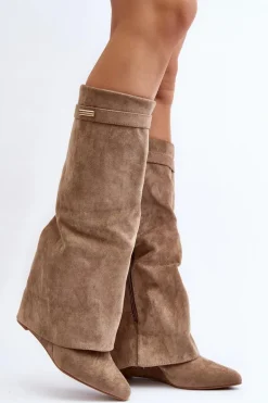 Kozaki Damskie Na Ukrytym Koturnie Beżowe Pattia